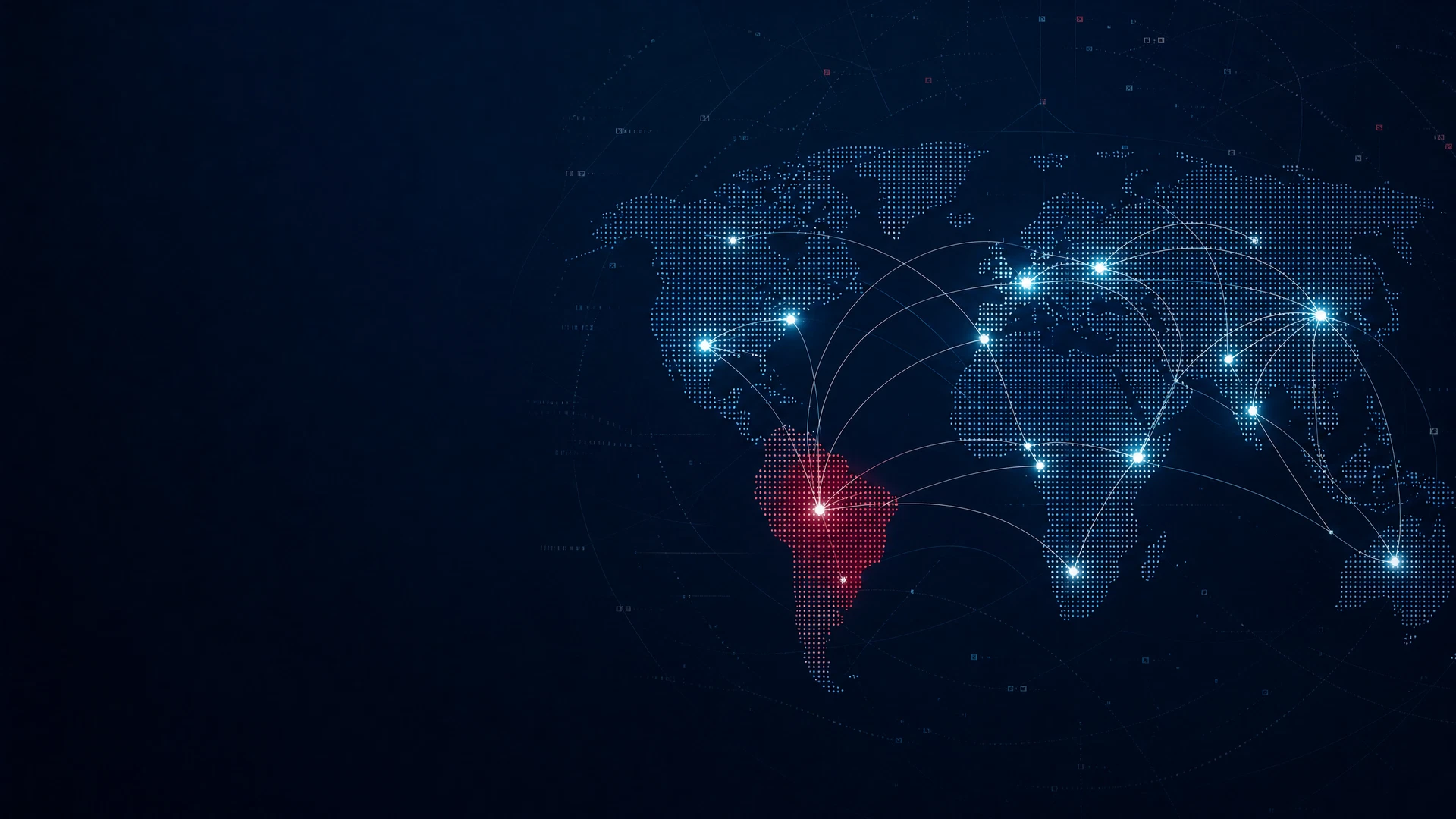 Mapa do mundo com pontos e conexões internacionais